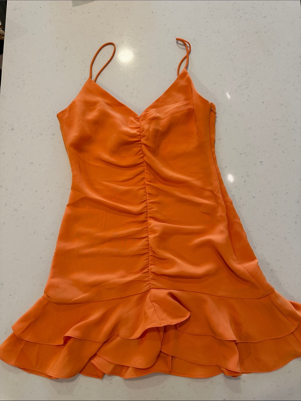 Flirty Strapless Dress Small Orange Ruffle Zara H&M Anthropologie Fitted Viral